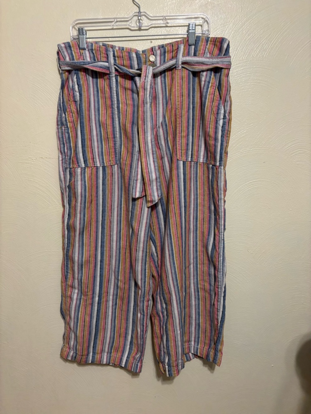 Seven7 Linen Blend Paperbag Waist Striped Cropped Pants Size 14